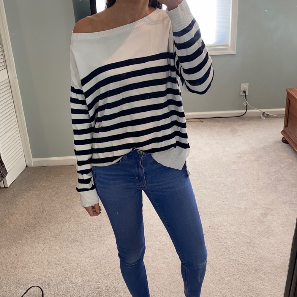 White and navy blue off the shoulder sweater
